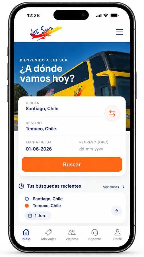 Mockup de la aplicación Jet Sur en un iPhone, con opciones para buscar y comprar pasajes de bus
